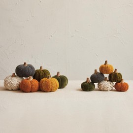 Creative Co-Op Bouclé Velvet Pumpkin Holiday Decor with Wood Stem, Multicolor, Set of 6