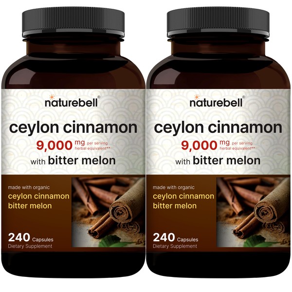 NatureBell 2 Pack Ceylon Cinnamon 9000mg Per Serving, 480 Capsules | Made with Organic Sri Lanka Ceylon Cinnamon Plus Organic Bitter Melon – Non-GMO, No Gluten