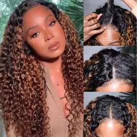 UNICE V Part Wig Human Hair Curly with Drawstring No Leave Out Balayage Brown Highlight Glueless Human Hair V Part Clip in Wigs Beginner Friendly No-Sew In No Glue 16 inch