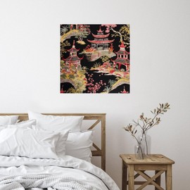 Chinoiserie Pagoda Asian Charcoal Coral Garage Home Wall Decor Wall Art Decal Indigo Red Black Pagoda Flower Reusable Home Decals for Suitcase Floor Window Bottles Store Vinyl 18in
