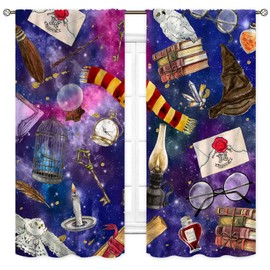 TKUYO Witchy Curtains, Magic Wizard Mysterious Galaxy Planet Outer Spooky Magical Book Hat Owl Blackout Window Drapery Treatments for Bedroom Living Room Kitchen Bathroom, 42"x45" Inch