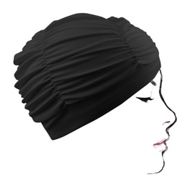 Samcos Swim Cap, Pool Cap, Swimming Cap for Women, Swimming Cap, Swimming Cap Adult, Fashionable, Fluffy, Suitable for Long Hair, Good Elasticity, Plain, Unisex, Adult (Black)
