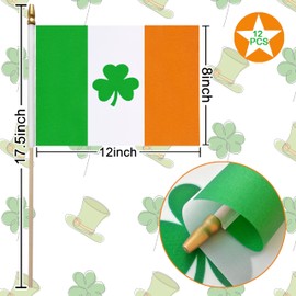 LoveVC 12Pcs 8×12 Inch Ireland Shamrock Small Irish Flag on Wood Stick Mini Handheld Saint Patrick's Day Flags Decorations