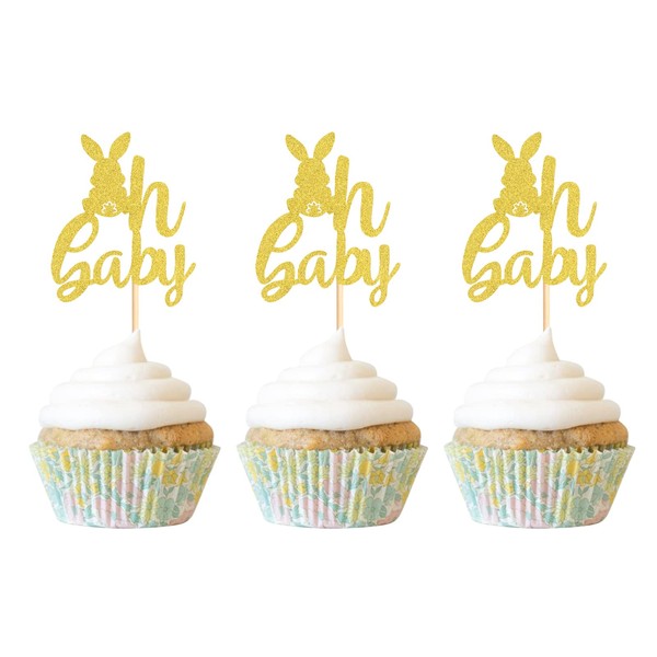 Keaziu - Paquete de 24 adornos para cupcakes de Happy Easter Oh Baby para fiesta de primavera, decoración de baby shower, púas para pasteles, decoración de alimentos, aperitivos, palillos de dientes, suministros de fiesta, color dorado