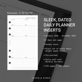 Cloth & Paper 2026 Daily Planner Inserts - Monday Start | Personal Size 3.75 x 6.75 | Minimalist Agenda Refills | 2 Days Per Page | 6 Ring Planner Refills for Daily Organizers | Heavyweight Paper