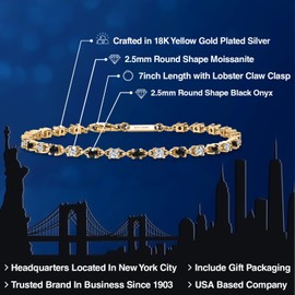 Gem Stone King 1.62ct Moissanite Bracelet for Women, Natural Onyx Silver, Yellow Gold Plated, Birthday Gift, Silver, moissanite Onyx