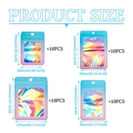 Beadthoven 40pcs 4 Size Mylar Holographic Resealable Bags Set Clear Window Packaging Bags Pouch Mylar Ziplock Smell Proof Bags for Small Bussiness Sample Jewelry Candy Food Packing Supplies Blue