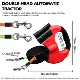 Double Dog Lead for 2 Dogs, Flexible Retractable Dog Lead Double Lead with LED Light, 3 m, Dog Lead Extendable with Comfortable Ergonomic Handle, Roller Lead (Red)