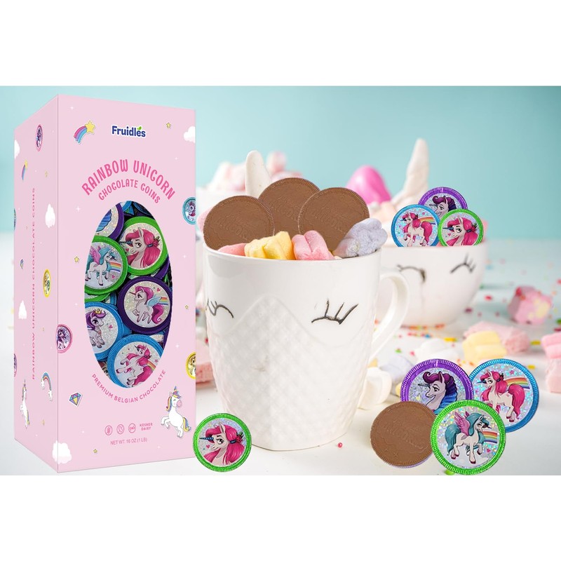Fruidles Rainbow Unicorn Chocolate Coins With Stickers, Milk Chocolate Coins