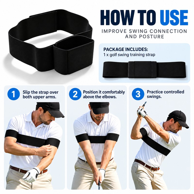 Golf Swing Arm Strap for Beginner Practice – Black Double-Ring
