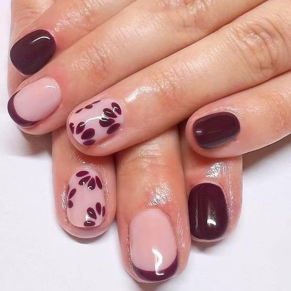 Brown Press on Nails Short Square Fake Nails with Flower