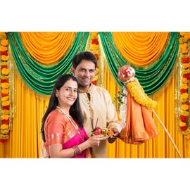 dnldliq Indian Pooja Traditional Backdrop 8x6ft Indian Yellow Tulle Curtain Marigold Garland Photo Background Hindu Bridal Shower Traditional Festival Holi Diwali Wedding Party Decor Banner