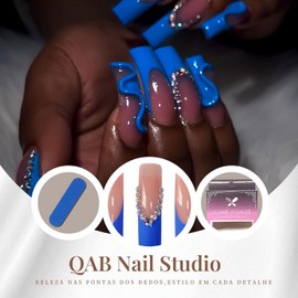 Curved Nail Tips Extra Long Press on Nails Curved Full Cover Nail Tips Blue French Tip Fake Nails with Rhinestones Embossed Designs Full Cover Artificial Stick on Nails for Women Nail Art DIY 20 Pcs