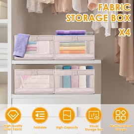 LGHWKETH 4Pcs Closet Storage Bins 15.7×10.6×6.7 Inch Clothing Bin with Clear Window Foldable Closet Organization Cotton Linen Wardrobe Storage Box