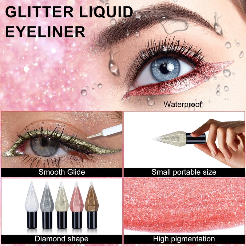 Ingzy Flüssiger Eyeliner mit Glitzer, Metallic-Eyeliner, glitzernd, weiß, silberfarben, goldfarben,