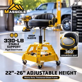 Rolling Shop Stool with Wheels for Garage, Height Adjustable Mechanic Stool Seat with Backrest and Tool Tray Storage for Workshop, Heavy Duty 330 LBS Capacity Padded Work Garage Chair, 360° Swivel