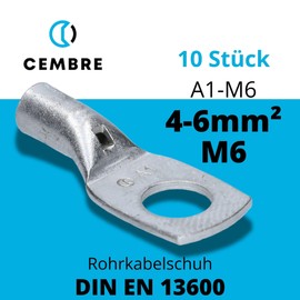 Cembre A1-M6 Tube Cable Lug 4-6 mm² M6 Uninsulated Tin-Plated Copper Pack of 10