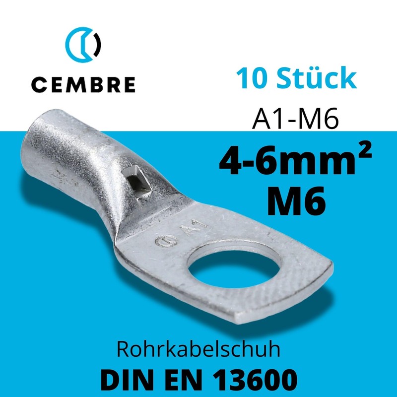 Cembre A1-M6 Tube Cable Lug 4-6 mm² M6 Uninsulated Tin-Plated