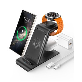 3 in 1 Wireless Charging Station for Samsung Wireless Charger for Galaxy Watch 8/7/6/5/Pro, Galaxy S25/Edge/Ultra/S25+/S24/S23/Note 20/10/Z Flip 7/6 Fold 7/6 Galaxy Buds 3/2/Pro/Live Multiple Devices