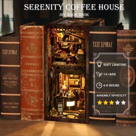 KIBLAH DIY Book Nook Kit 3D Puzzles for Adults Miniature House Kit Wooden Bookends Booknook Bookshelf Insert Decor with LED Lights Wood Crafts Gifts for Book Lovers - Serenity Coffee House