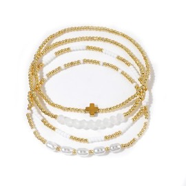 SHINUS BOHO 14K Gold Plated Pearl Crystal Cross Beaded Stack Bracelets Sets for Women，Stackable Trendy Waterproof Ball Stretch Link Chain Bracelet Fashion Accessories Jewelry Gifts
