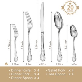 KINGSTONE Vintage Silverware Set, 20-Piece 18/10 Stainless Steel Silverware Set for 4 with Floral Handles, Design Mirror Polished, Utensil Sets for Home Restaurant Wedding，Dishwasher Safe