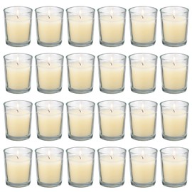 flamecan 24 Pack Clear Glass Filled Ivory Votive Candles. Unscented Votive Candles for Home Décor Spa Weddings Birthdays Holidays Party