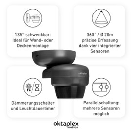Oktaplex Mia Motion Sensor Outdoor 360 Degree Swivelling IP65 Motion Sensor Surface-Mounted 10 m Range 230 V Anthracite