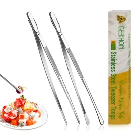 GEEKHOM Professional 12-Inch Chef Tweezers Tongs: 2-Pcs Stainless Steel with Precision Serrated Tips for Plating (Silver)