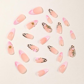 EYZOTSF Press on Almond Nails Medium Length Glossy Full Cover Acrylic French Almond Shaped False Nails with Designs Artificial Fake Nail with Charms Glue ons Fingernails for Women Girls(A90108)