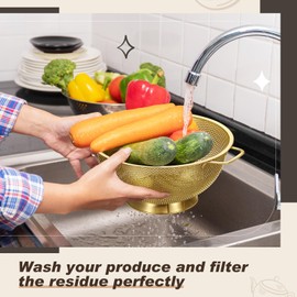 Baderke 7 Pcs Gold Kitchen Accessories Includes Stainless Steel Colander with Handles, 3 Gold Mixing Bowls with Airtight Lids and 3 Fine Mesh Strainer(Colander: 3 Qt, Mixing Bowls: 0.8/1/1.5 Qt)