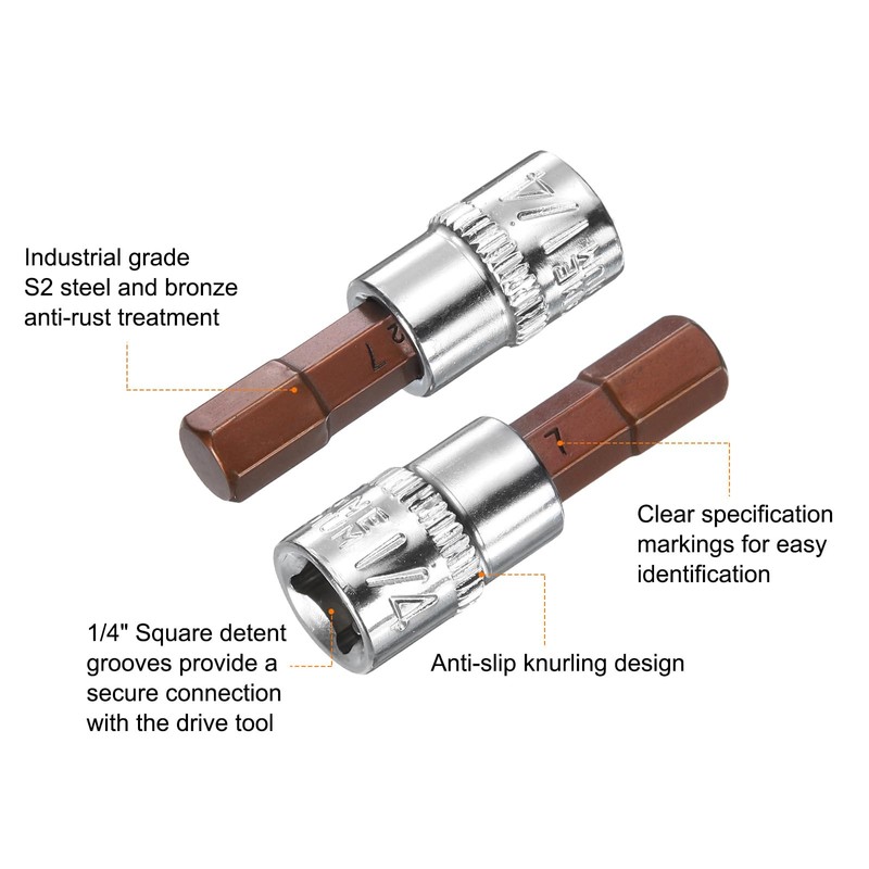 HARFINGTON 3pcs H7 Hex Bit Socket 1/4" Square Drive Metric