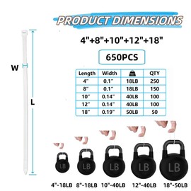 Aroono Cable Zip Ties, 650 PCS White Self-Locking Cable Ties, Assorted Sizes 18+12+10+8+4 Inch, Multi-Purpose Wire Management Nylon Ties, UV Resistant Wire Ties, for Home, Office, Gardening, Fence