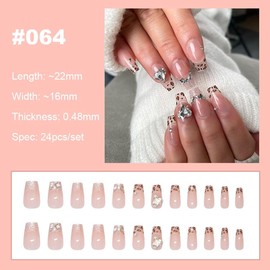 【NEW ARRIVALS!】 Press on Nails French Tip Bling Coffin Short Almond Fake Nails with Designs Glue on Nails Long Glossy Gradient Medium False Nails Reusable Full Cover Thick Nail Acrylic Stick on Nails for Women Girls 24 Pcs:_064