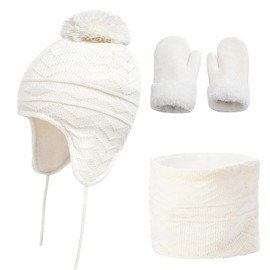 Hopsooken Winter Hats Scarf and Mittens Set for Kids Baby Girls Boys Toddler Warm Beanie Fleece Caps with Earflap (1-3 Years White)