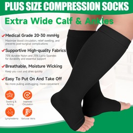 MGANG Plus Size Compression Socks Open Toe for Women Men, Extra Wide Calf 3XL Knee-Hi Compression Stockings, 20-30mmHg Support Socks Ideal for Varicose Veins, Spider Veins, Lymphedema, Short Black 3XL