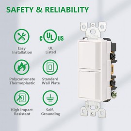 Wengart Duplex Rocker Combination Decorator Switch,120VAC 15Amp,Ground Terminal,Residential/Commercial Grade,2 Individual Switches,UL Listed,Pack of 1,White