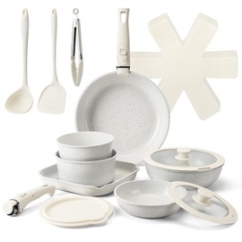 Tibbicc 20 Pcs Ceramic Cookware Set Non Stick Frying Pots and Pans Set Non Toixc Cookware-PFAS/PFOA/PTFE Free, with Removable Handle for RV Kitchen, Induction & Dishwasher Safe Cream White