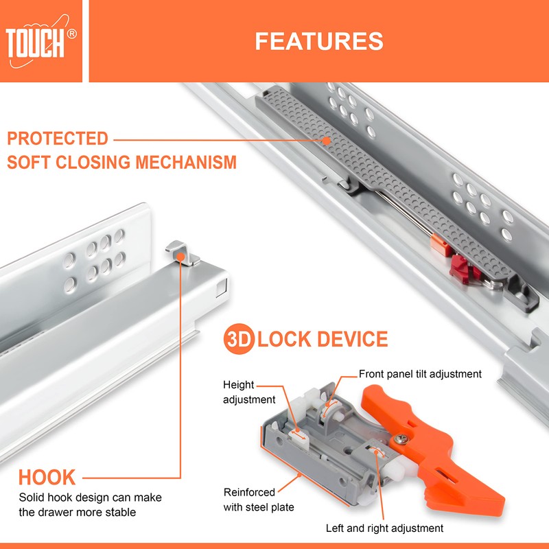 TOUCH Undermount Drawer Slides, Self-Soft Close (1 Pair, 15 Inch
