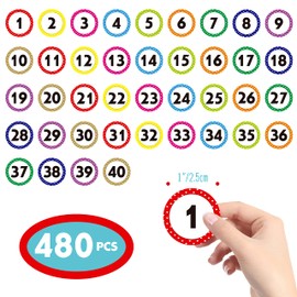 480 PCS Number Stickers, 12 Sheets Polka Dot Consecutive Number 1-40 Labels Self-Adhesive Water/Tear Resistant Number Stickers Without Residue for Office, Classroom, Indoor, Boxes, Storage (1” Each)