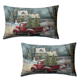 Kwlegh Christmas Lumbar Pillow Covers 12x20 Red Truck with Christmas Trees Snowman Rectangle Pillow Case Xmas Holiday Waist Cushion Case for Bedding Couch Patio Bench Set of 2