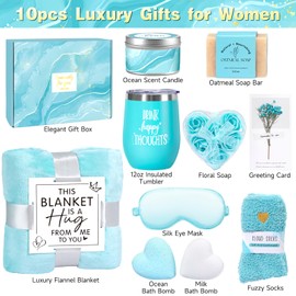 Birthday Gifts for Women, Christmas Self Care Gifts Get Well Soon Gifts Basket, Ocean Relaxing Spa Gifts Care Package w/Luxury Flannel Blanket, Unique for Mom Her Friend Sister