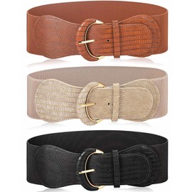 SATINIOR 3 Pieces Women Wide Belt for Dress Women Dress Belt Stretchy Cinch Leather Elastic Belt for Ladies Dress Decoration (Black, Khaki, Beige with Gold Buckle,L)