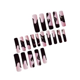 Pink Extra Long Press on Nails 3D Curved Square Fake Nails with 3D Black Wave French Tip Design Full Cover False Nails Acrylic Nails Artificial Nail Art for Women 20 Pcs