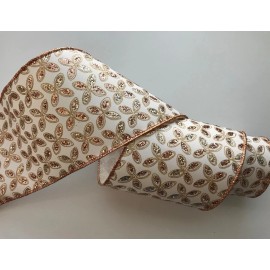 Christmas Ribbon, Ivory Rose Gold Sparkle, 4 Inches Wide, Wired Edge, 3 YARDS