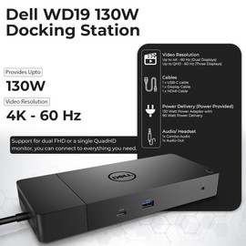 Dell WD19 Docking Station Bundle - Dell Dock with 130W Power Adaper + HDMI Cable + DisplayPort Cable + USB-C Cable + Microfiber Cloth Included (Renewed)