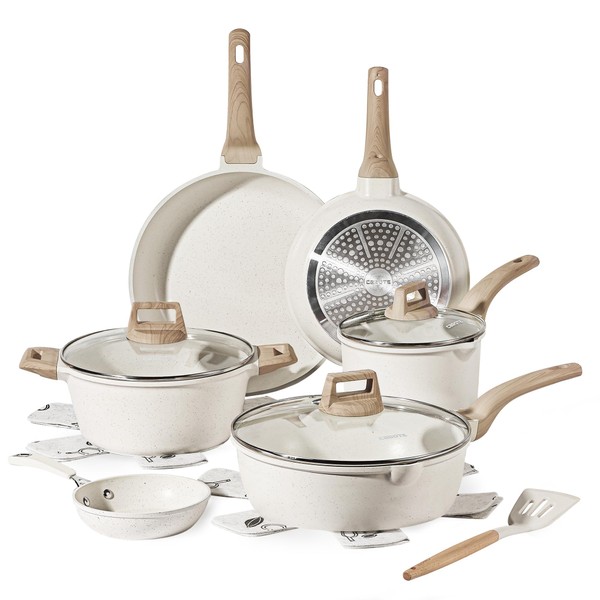 CAROTE 14 Pcs Pots and Pans Set，Nonstick Cookware Sets, Non Stick Kitchen Cooking Sets Indutionc Cookware w/Frying Pans & Saucepans(PFOS, PFOA Free)
