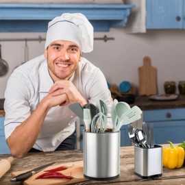 LIBODOUR Kitchen Utensil Holder Set of 2 Extra Large Rotating For Counter Organizer Stainless Steel Storage Cooking Silverware Caddy Flatware Spoon Spatula Lazy Susan （Mother And Child）