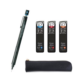 Graph 1000 for Pro Mechanical Drafting Pencil 0.7mm (PG1007) + Ain 0.7 HB/B/2B leads, qullity original Black slim pen case