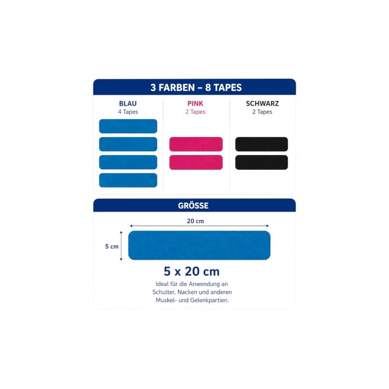 4 Physio Tapes 20 cm x 5 cm Pink/Blue/Black Shoulder